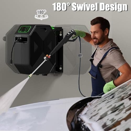 Buyplus Wall Mounted Pressure Washer, 5200PSI 3.2GPM Electric Power Washer, Remote Controlled with 100FT Retractable Hose, GFCI Power Cord, Foam Cannon, 5 Nozzles for Cars, Driveways, Patios, Black