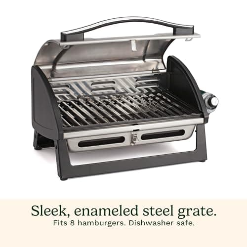 Cuisinart Grillster Portable Gas Grill, Stainless Steel Compact BBQ Grill with Locking Lid for Easy Transport, 8000 BTU Propane Grill with Dishwasher Safe Cooking Grate, Small Grill for Camping & BBQ