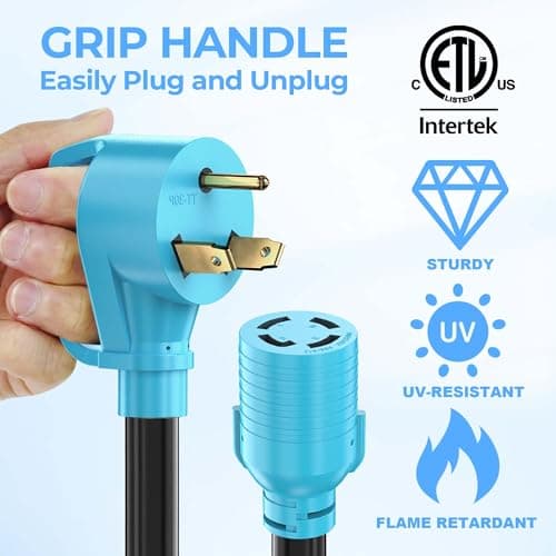 CircleCord NEMA TT-30P to L14-30R Adapter Cord, 30 Amp 3 Prong to 4 Prong Generator Plug Adapter, Generator Transfer Switch Adapter, Generator to House Inlet Box, STW 10 AWG Blue, ETL Listed