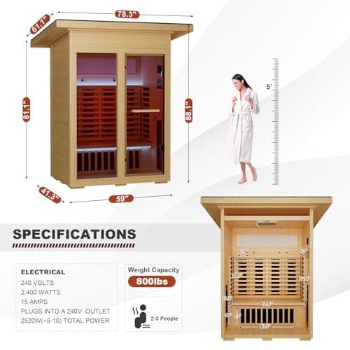 Infrared Sauna, Full-Spectrum Infrared Outdoor Saunas for Home - Dry Heat Sauna, Wooden Sauna Room with Beauty Lamp (Outdoor Sauna 2 Person)