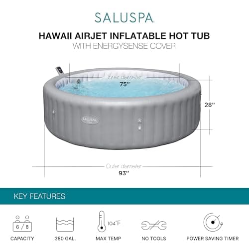 Bestway SaluSpa Hawaii Smart AirJet Inflatable Hot Tub Round Portable 6 to 8 Person Spa with 190 AirJets, App Control and EnergySense Cover, Grey