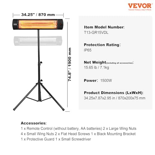 VEVOR Infrared Heater, 1500W Remote Control Electric Space Heater, LED Screen Patio Heater w/ 3 Speeds & Timer, Outdoor/Outdoor for Porch,Dining Room,Studio, with Stand & Mount to Ceiling/Wall,34in L