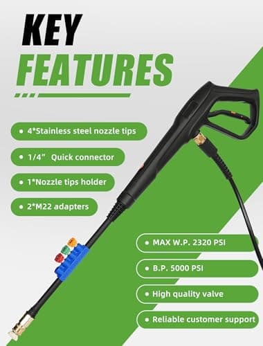 Pressure Washer Gun Set, Max W.P. 2320PSI, B.P. 5000PSI, M22-14mm & M22-15mm Fitting, 4 Stainless Steel Nozzle Tips & Holder, Replacement for Ryobi Powerstroke Greenworks and More Power Washers