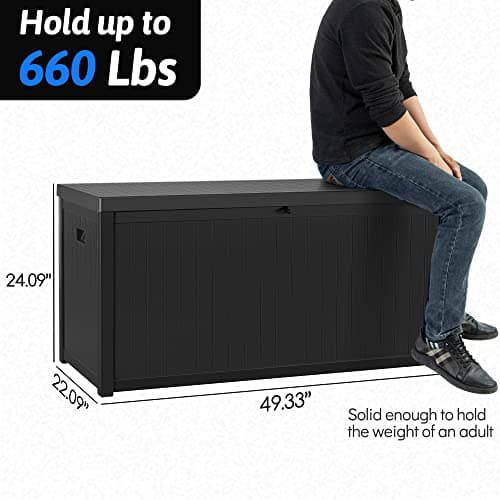 Resin Deck Box, 120 Gallon Large Outdoor Indoor Patio Storage Box Waterproof, Outside Storage Bin for Patio Furniture Covers, Cushion Pillows, Towels, Garden Tools, Black