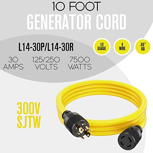 30 Amp Generator Cord, Generator Cord, NEMA L14-30P to L14-30R, 30 Amp Extension Cable, 240 Volt, 30amp Power Wire, 4 Prong Plug, Dryer Extension, UL CUL, 10 Gauge, 7500W, STW, Heavy Duty, 10 Feet