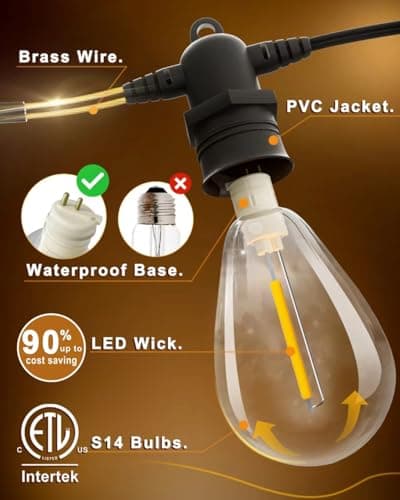60FT LED Outdoor String Lights with 16+1 Edison Shatterproof IP65 Waterproof Bulbs, 2700K Dimmable Commercial Grade Patio Lights for Garden, Porch, Deck Decor