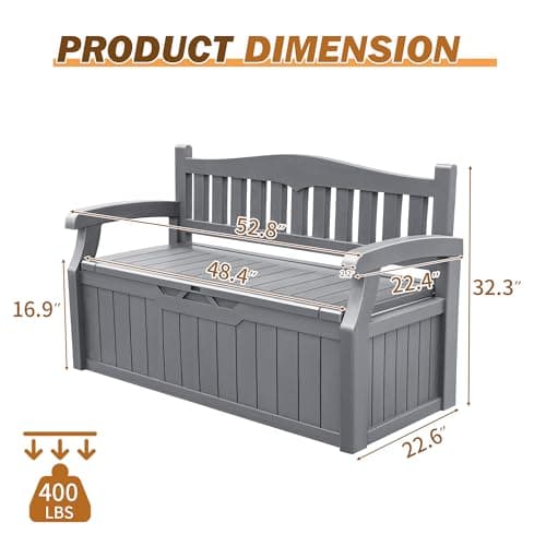 Devoko 80 Gallon Storage Bench Deck Box Lockable for Patio Furniture, Garden Decor and Outdoor Seating for Cushions, Garden Tools and Pool Supplies (Grey)