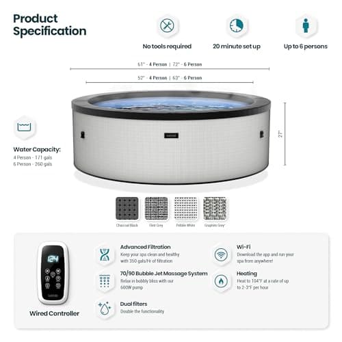 Tahoe Energy-Efficient Hot Tub Bundle | 4-Person Rigid Eco Foam Spa with Thermal Cover & Insulated Foam Mat | Charcoal Black