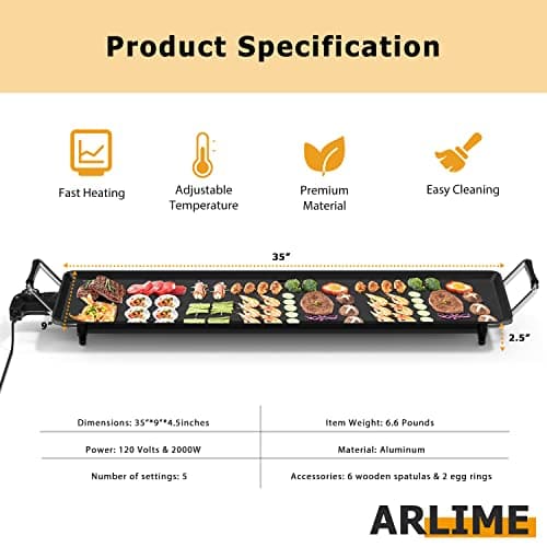 ARLIME Electric Griddle, 35" Teppanyaki Grill w/Extra Large Tabletop, Portable BBQ Grill Electric with Drip Pan & Adjustable Temperature, Long Griddle for Party, Home, Camping, Cooking