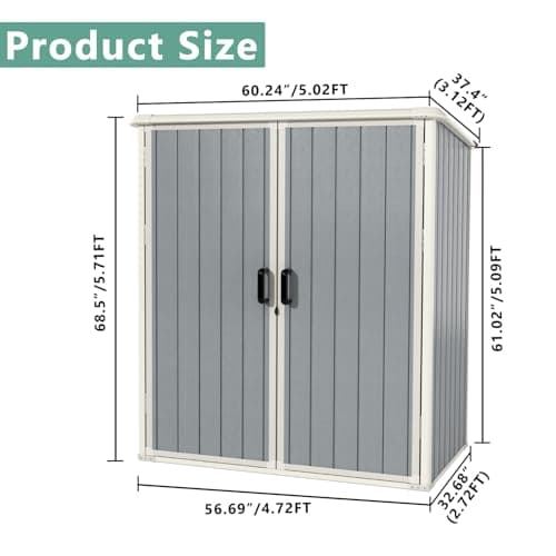 Aoxun Outdoor Storage Shed 5 x 3FT, Resin Shed with Floor and Lockable Door, Plastic Shed for Bike, Garbage Can, Tool, Accessories, Lawn, Garden - Grey