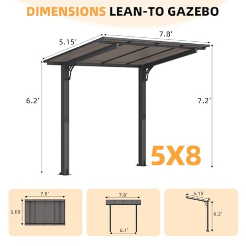 AECOJOY 8' x 5' Gazebo Outdoor Pergola for Patio, Freestanding Lean to Hard Top Grill Gazebo Carport Pergolas and Gazebos Clearance with Roof, Small Wall-Mounted Heavy Duty Awnings for Patio, Decks