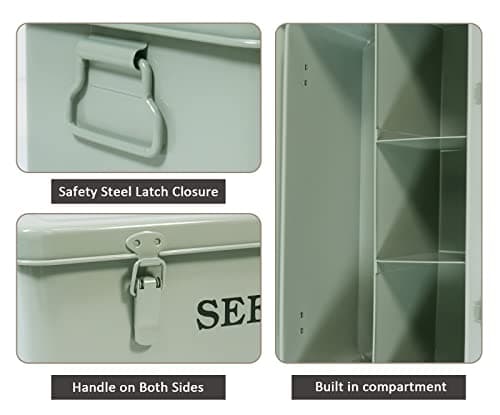 Seed Saving Box, Metal Seed Bin, Seed Storage Organizer Box, Seed Packet Container with Lid, Seed Envelope Storage Box, 4 Compartments Garden Seed Bin with Safety Locks-Green
