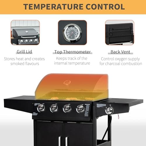 Outsunny 4 Burner Propane Gas Grill, 50,000 BTU Steel Outdoor Barbeque/Barbecue with Side Burner, Wheels, Warming Rack, Shelf, Cabinet, Thermometer, Black