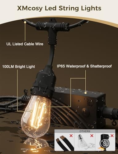 XMCOSY+ Smart Outdoor String Lights, 98Ft LED Patio Lights Waterproof IP65, App Control, Compatible with Alexa, Dimmable Edison Bulbs Outdoor Light for Yard Porch Bistro Outside