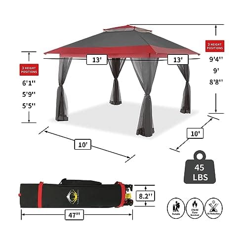 CROWN SHADES 13x13 Pop Up Gazebo, Canopy Tent, Gazebos on Clearance - Outdoor Gazebo for Backyard & Patio Furniture - Carpa Pop Up Tent with Wheeled STO-N-Go Cover Bag (Red & Grey)