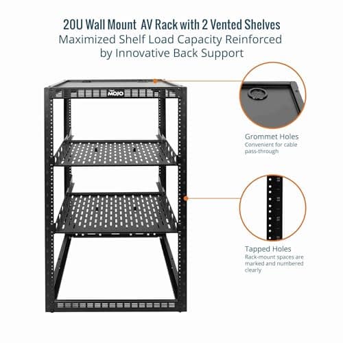 Tecmojo 20U Open Frame Network Rack for IT & AV Gear, Black, Alloy Steel, Rack Mount, Wall Floor Mount, Compatible with Networking Devices, Servers, IT Equipment