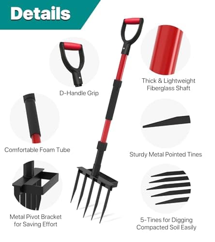 Pitch Fork for Garden, 5-Tine Heavy Duty Pitchfork for Loosening Soil, 41 Inch Gardening Fork for Digging, Composting, Spading, Cultivating Soil, Metal Fork Head with Fiberglass Handle, D-Grip