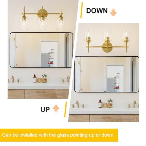 Bathroom Vanity Light Fixture, 3 Light Modern Gold Vanity Lighting fixtures, Lighting Fixtures Over Mirror, Wall Lamp with Clear Glass for Bathroom, Hallway, Bedroom with E26 Socket