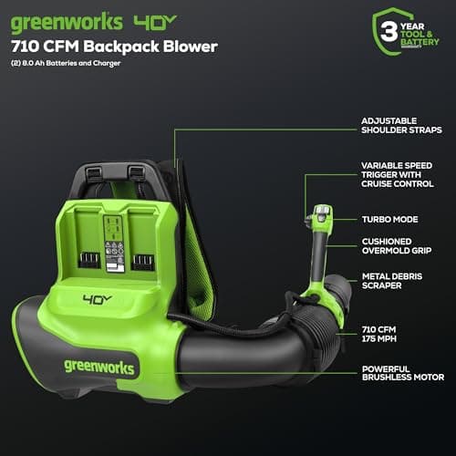 Greenworks 40V (175 MPH / 710 CFM) Dual Port Cordless Brushless Backpack Leaf Blower, (2) 8.0Ah Battery and Charger Included
