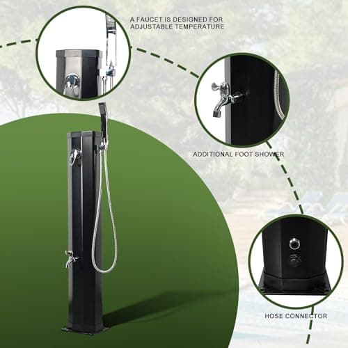 7.2 FT Outdoor Solar Heated Shower, 9.3 Gallon Shower with Shower Head and Foot Shower Tap for Poolside Backyard Beach Pool Spa, Black