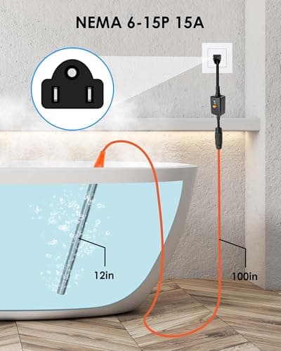 3000W 240V Titanium Water Heater Assembly for Bathtub Pool Water Tank, Submersible Hot Tub Heater, Portable Electric Heater, NEMA 6-15P Plug, Immersion Bathtub and Swimming Pool Water Heater