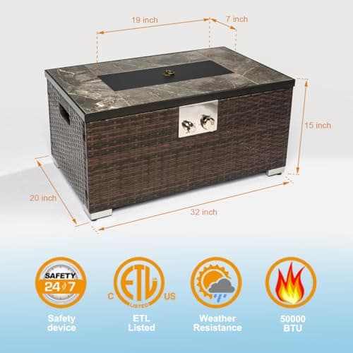 32'' Fire Pit Table with Natural Gas Conversion Kit, Marble Textured Ceramic Tabletop, 50,000 BTU Fire Table with Brown Wicker, Rectangle, Tank Required to Be Kept Outside.
