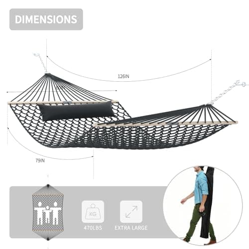 13FT Hammocks, Traditional Hand Woven Cotton Rope Hammock with Free Extension Chains for Outdoor Indoor Patio Yard 450 LSB Capacity for Two Person (Dark Grey)