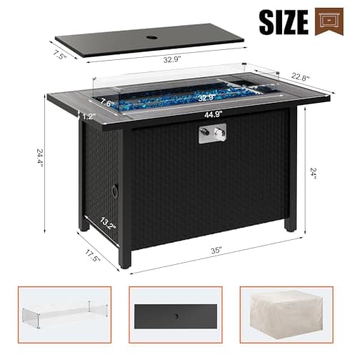 Walsunny 45 inch Outdoor Propane Fire Pit 50,000 BTU Gas Fire Pit Table with Lid, Glass Wind Guard, Waterproof Cover, Rectangle Gas Firepit Table for Garden/Patio, CSA Certification
