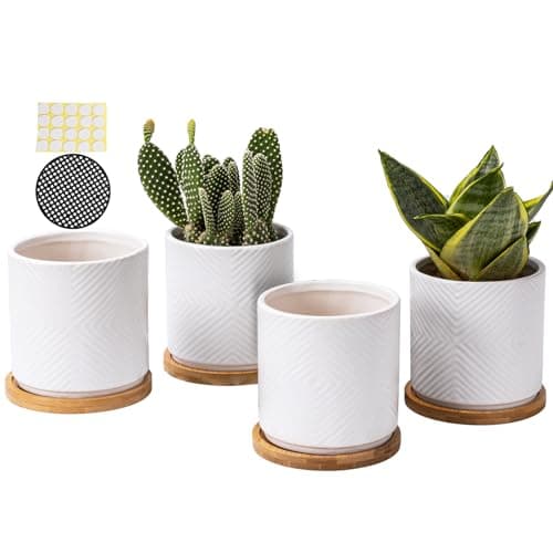 AOMRYOM 4 Inch Ceramic Plant Pots with Drainage Hole and Saucer, Modern Small Indoor Outdoor Flower Planter for Succulent, Cactus and Herbs, Geometric Patterns, White, Set of 4 (Plant Not Included)