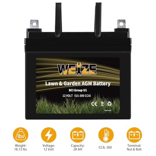 WEIZE Lawn Garden AGM Battery, 12V 300CCA BCI Group U1 SLA Starting Battery for Lawn, Tractors and Mowers, Compatible with John Deere, Toro, Cub Cadet, and Craftsman