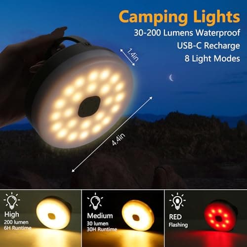 GHORA Camping String Light,32.8FT Rechargeable LED Lights with 8 Modes, Waterproof Portable Outdoor Tent Lights for Patio Garden Party Decor, Hanging Lanterns for Canopy Backyard Campground