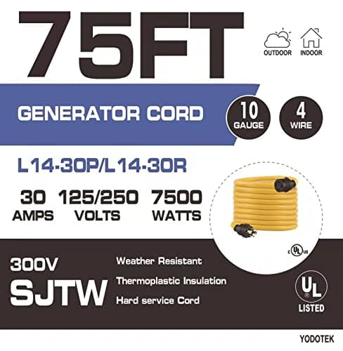 75FT Heavy Duty Generator Locking Power Cord NEMA L14-30P/L14-30R,4 Prong 10 Gauge SJTW Cable, 125/250V 30Amp 7500 Watts Yellow Generator Lock Extension Cord with UL Listed
