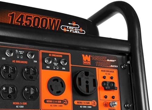 WEN 14,500-Watt 120V/240V Tri-Fuel Generator for Gas, Propane, and Natural Gas, Transfer-Switch Ready with Electric Start, Wheel Kit, and CO Watchdog (TF1450X)