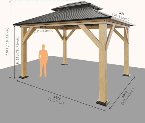 10x12 Wood Gazebo, Hardtop Outdoor Gazebo with Aluminum Double Roof, Outdoor Wooden Pavilion for Parties, Backyard, Patio, Lawns, Black + Natural Wood