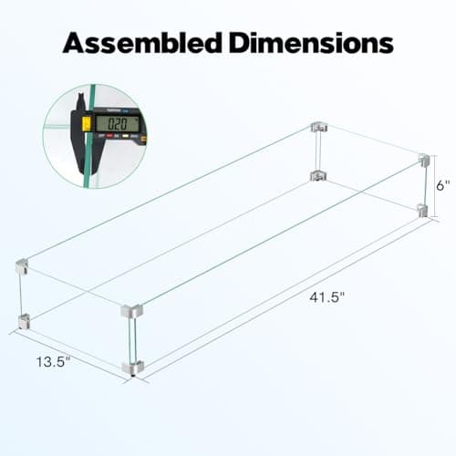 41.5 x 13.5 x 6 Inch Glass Wind Guard for Propane Gas Fire Pit Table, Rectangular Thick Tempered Glass Shield, Firepit Glass Barrier with Aluminum Corner Bracket & Rubber Feet