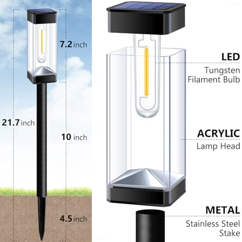 Solar Pathway Lights 8 Pack LED Waterproof Solar Outdoor Lights, Upgraded Stainless Steel Driveway Lighting with Tungsten Filament Bulb for Yard, Landscape, Garden, Walkway, Lawn, Path