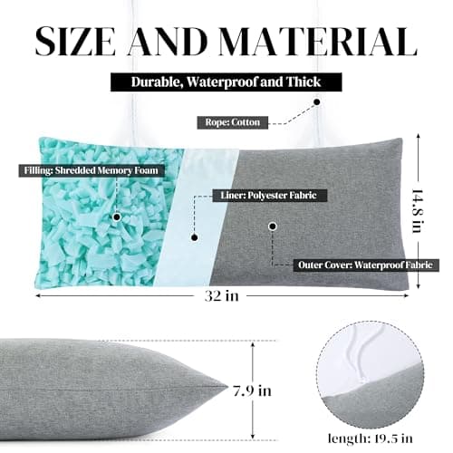 HOMBYS 32" x 14" Shredded Memory Foam Hammock Pillow for Outdoor, Waterproof and Weatherproof Pillow with Durable Ties (Gray)