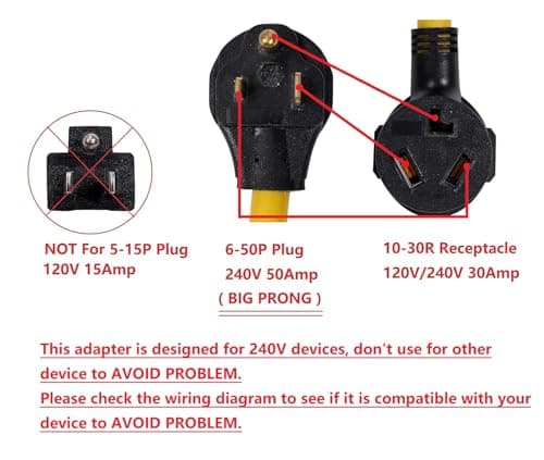 ONETAK NEMA 6-50P to 10-30R 240V 30 Amp 3 Prong Male Plug to 3 Prong Female Outlet Receptacle Generator Welder Dryer Power Cord Adapter