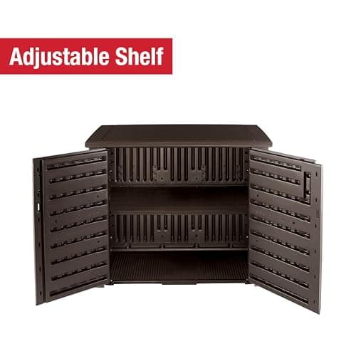 Rubbermaid Decorative Outdoor Storage Cabinet (123 Gal), Weather Resistant, Brown, Organization for Home/Backyard/Pool Chemicals/Toys/Garden Tools/Porch/Patio Cushions