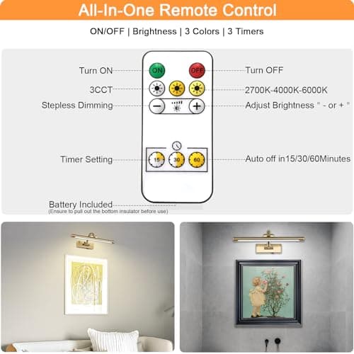 Wireless Picture Lights for Wall Rechargeable, Battery Operated Art Light for Paintings, 3CCT Dimmable, 15.7" Brass Finish with Remote, Rotatable Gallery Light for Pictures Display