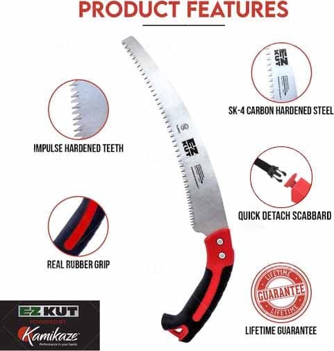 EZ Kut Kamikaze Saw Curved Blade with Scabbard - 19.3 Inch Heavy Duty Pruning - Carbon Hardened Steel Japanese Technology- Best Pruning Saw for Tree Trimming