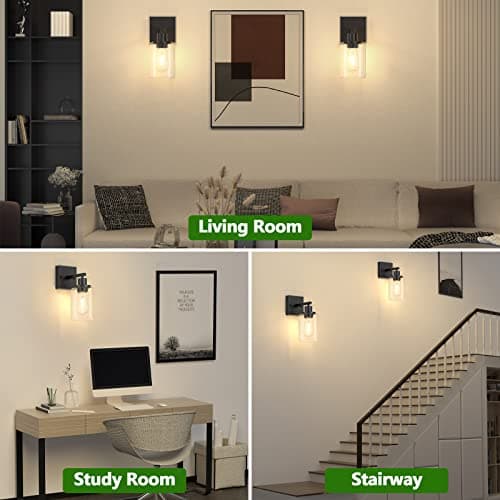 Licperron Black Vanity Wall Sconces Set of Two, Modern Sconces Wall Lighting Fixture with Clear Glass Shade for Bathroom, Industrial Metal Wall Mount Lamp for Bedroom Mirror Living Room