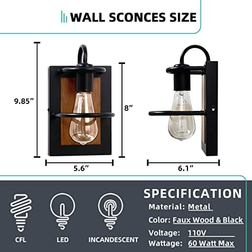 Farmhouse Wall Light Fixtures,Modern Industrial Wall Sconces Lighting Indoor with E26 Base Faux-Wood Color Matte Black Finish,Vintage Wall Mount Light Fixture for Bedroom Living Room Bathroom Stairway