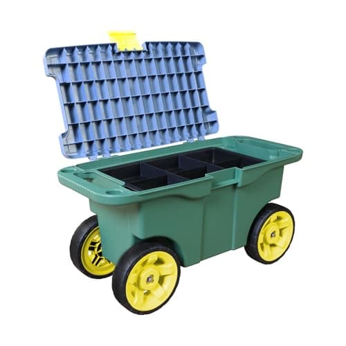 Torin AG594B Garden Cart Scooter and Seat: Garden Stool with Bench Seat and Interior Tool Tray, Rolling Storage for Weeding and Planting, Green/Blue/Black