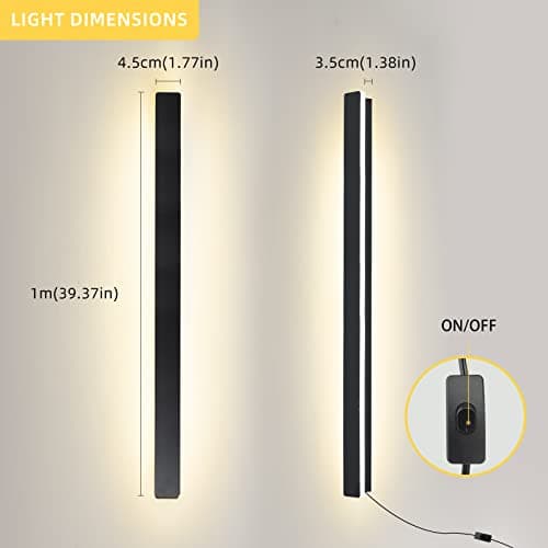 Modern Plug in Long Wall Sconce, 39" Black Matte LED Wall Lights, 20W Warm White 3000K Acrylic Indoor Wall lamp, with 59" Plug Cable for Bedroom, Living Room, Hallway