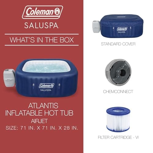 Coleman SaluSpa Atlantis AirJet 4 to 6 Person Inflatable Hot Tub Square Portable Outdoor Spa with 140 Soothing Jets with Cover, Blue
