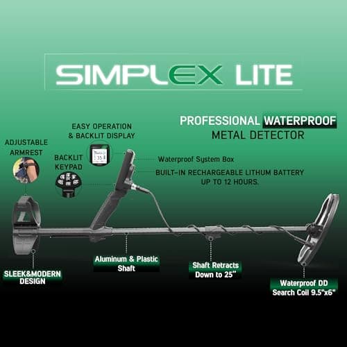 Nokta Simplex Lite Metal Detector with 9.5” Waterproof DD Search Coil, Vibration for Detecting Underwater, Beach and All Metal Search Modes