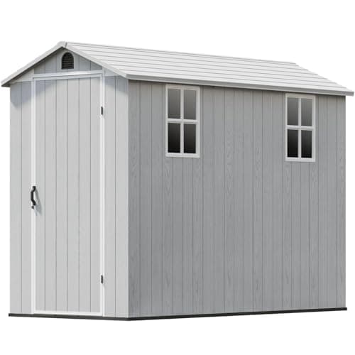 Patiowell 4' x 8' Outdoor Storage Shed with Floor, Plastic Shed Outside Resin Tool Shed with Two Windows and Lockable Door for Backyard Garden Patio Lawn, White (Fit-it Shed)