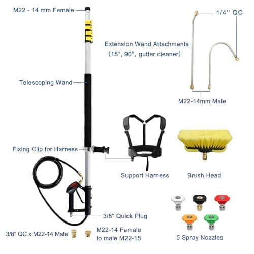 janz Aluminum 24 FT Telescoping Pressure Washer Wand with Pressure Washer Extension Wand,Gutter Cleaner Attachment, 5 Spray Nozzle Tips, 2 Hose Inlet Adapters and Support Harness