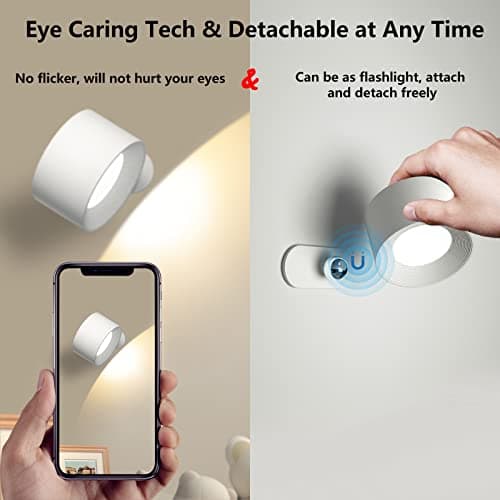 Battery Operated Wall Light, LED Lamp with 360°Adjustable Lighting Indoor Light 3 Color Modes Brightness Levels Touch Control, Mounted for Bedroom Reading Bedside-1Pack White